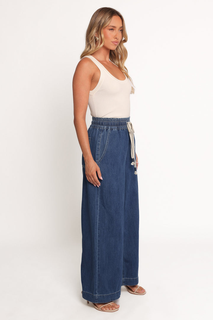 Women's High-Waisted Wide Leg Denim Pants with Elastic Waist