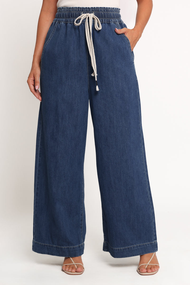 Women's High-Waisted Wide Leg Denim Pants with Elastic Waist