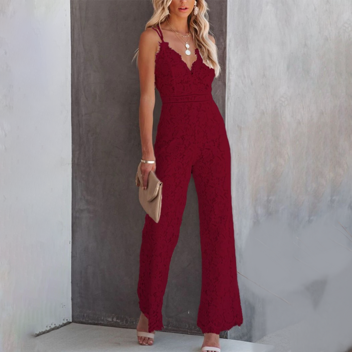 Jennifer | Women's Lace V-Neck Wide Leg Jumpsuit Red