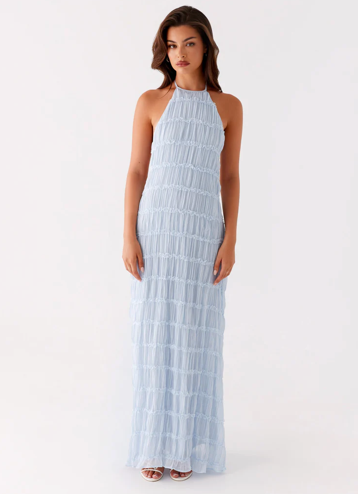 Elegant Women's Shift Maxi Dress with Halterneck for Date Night Blue