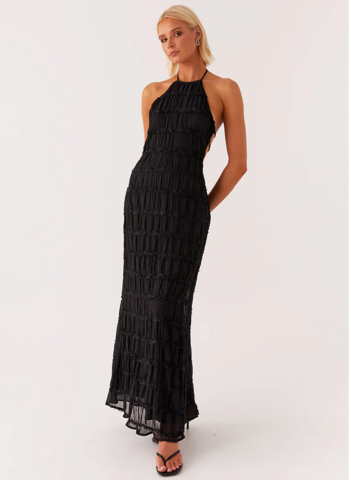 Elegant Women's Shift Maxi Dress with Halterneck for Date Night Black