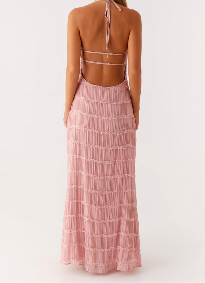 Elegant Women's Shift Maxi Dress with Halterneck for Date Night