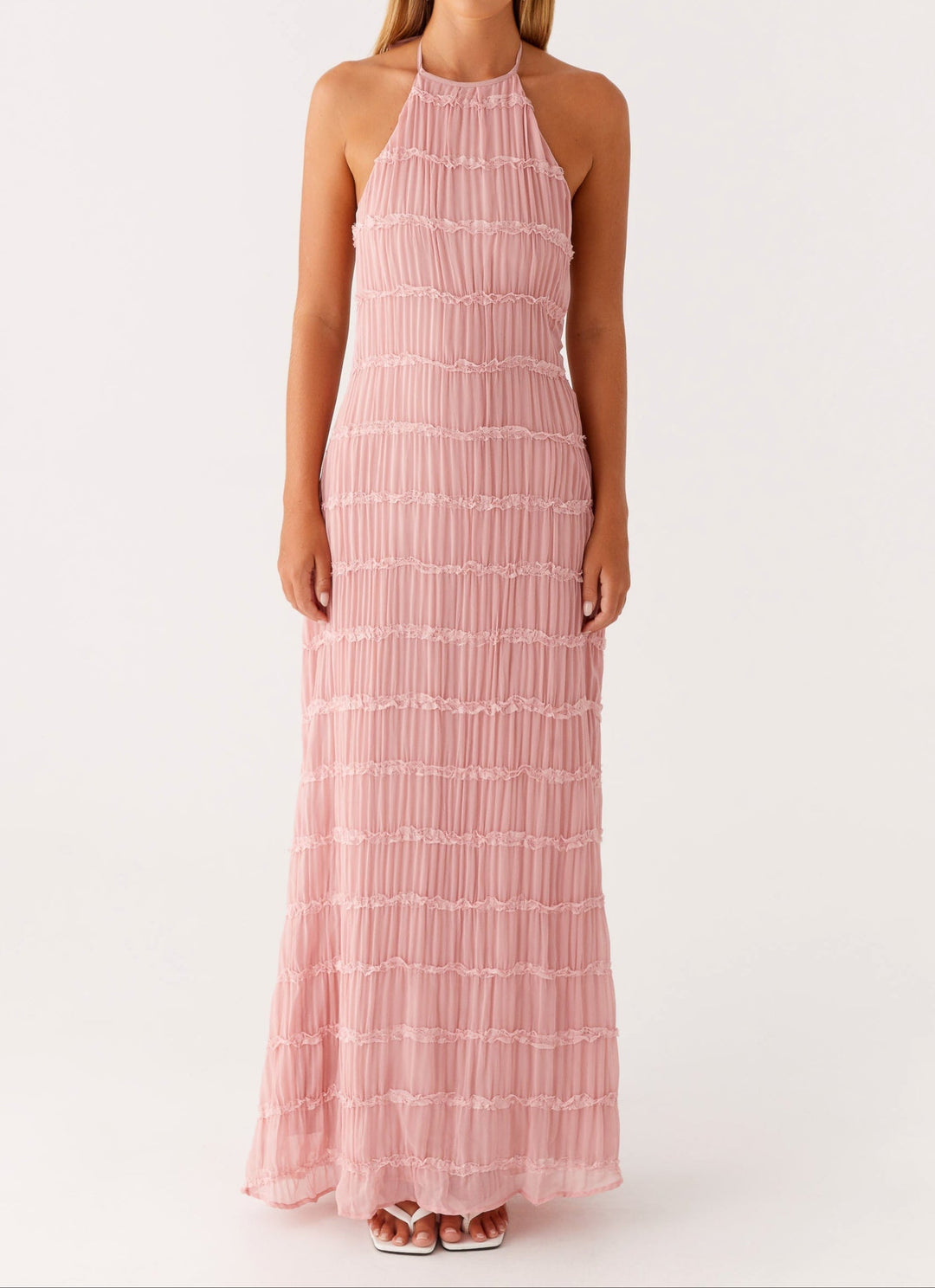 Elegant Women's Shift Maxi Dress with Halterneck for Date Night