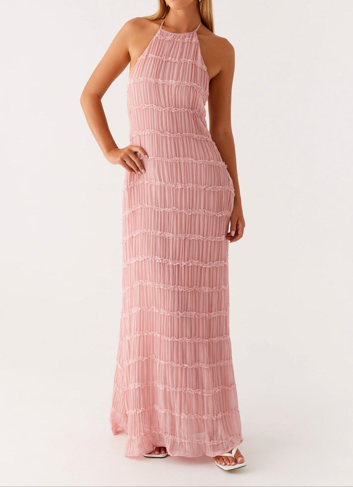 Elegant Women's Shift Maxi Dress with Halterneck for Date Night Pink