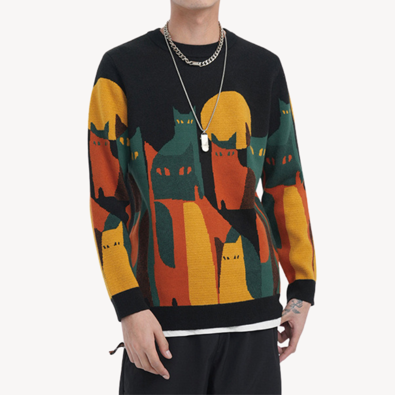 Men's Graphic Cat Print Knit Sweater in Indigo