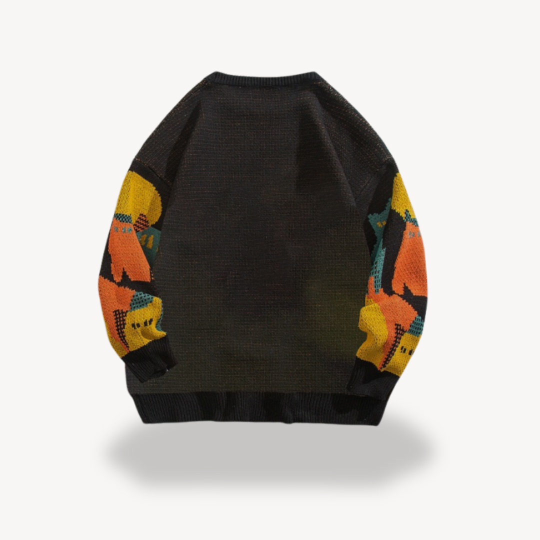 Men's Graphic Cat Print Knit Sweater in Indigo