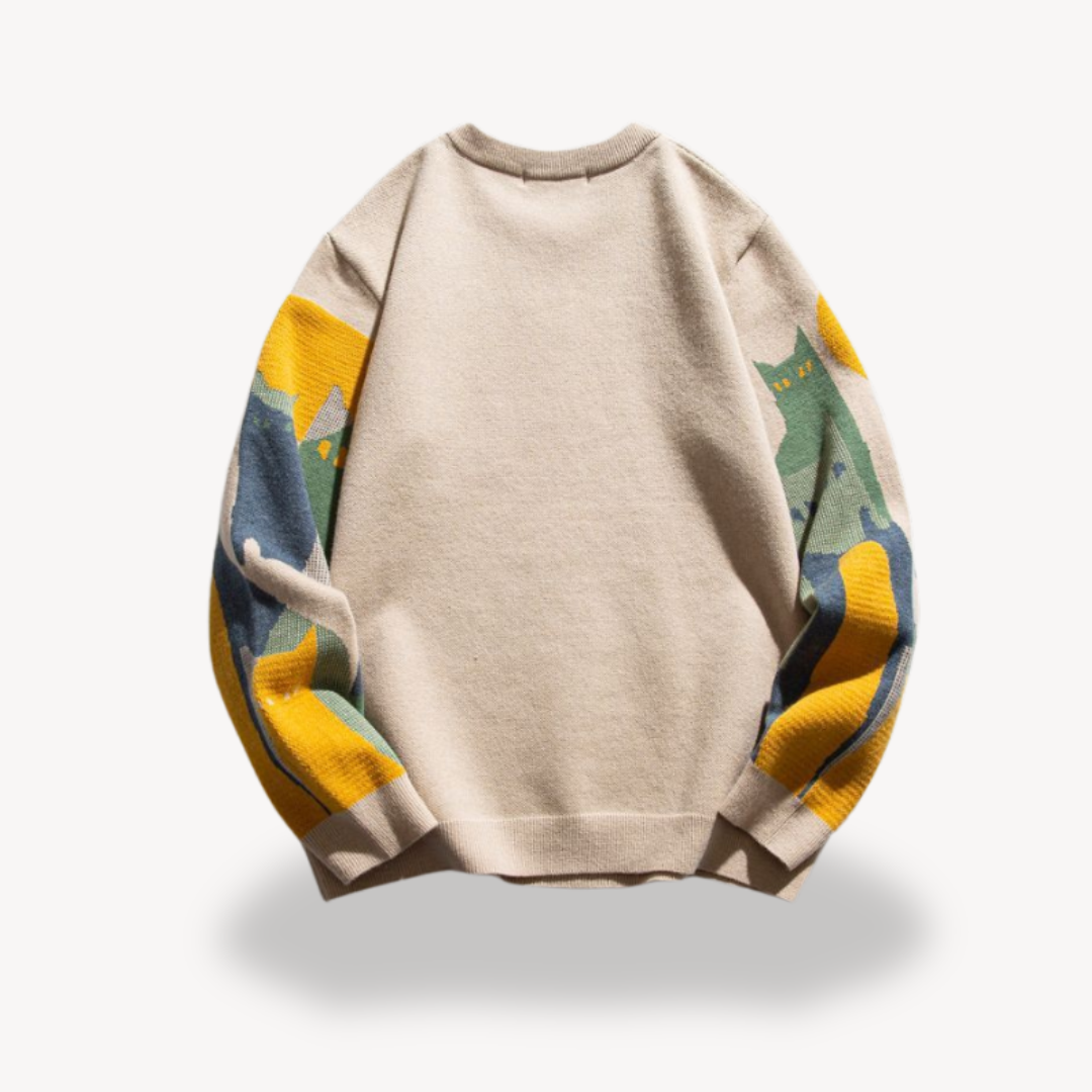 Men's Graphic Cat Print Knit Sweater in Indigo