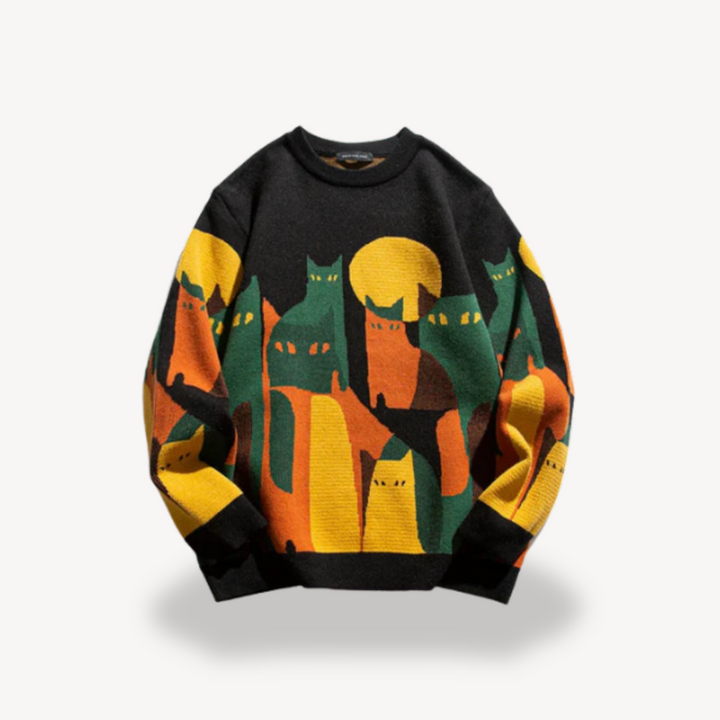 Men's Graphic Cat Print Knit Sweater in Indigo