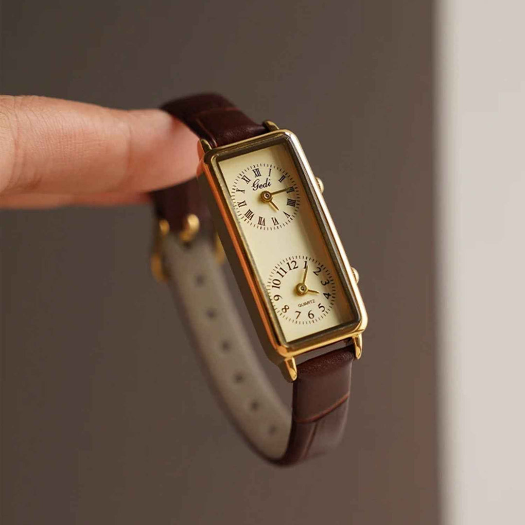 Elegant Dual Dial Women's Watch | Stylish Timepiece Brown Gold