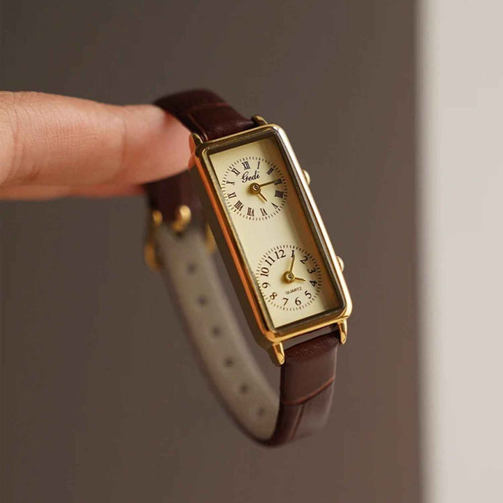 Elegant Dual Dial Women's Watch | Stylish Timepiece Brown Gold