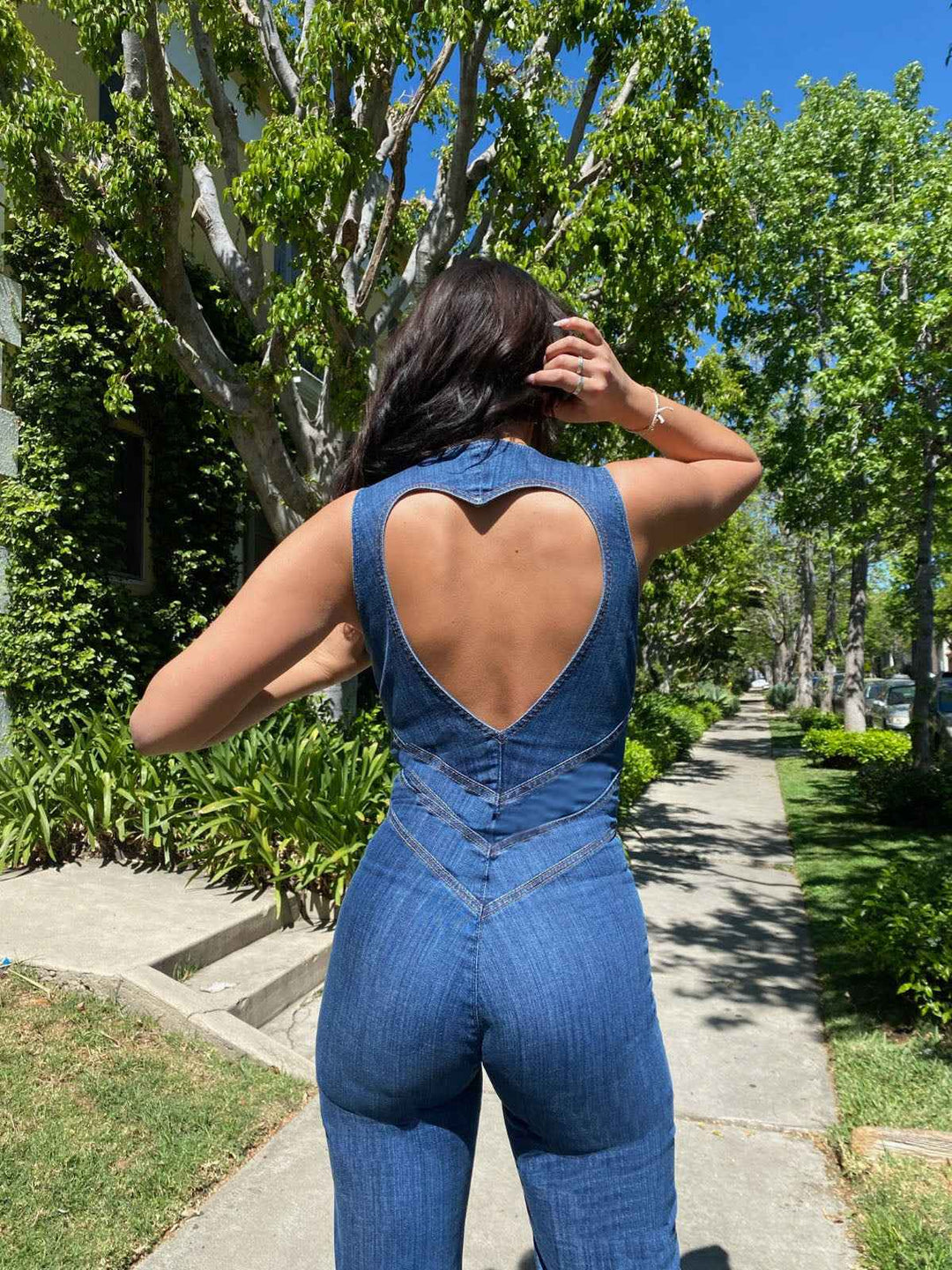 Women's Denim Jumpsuit – Deep V-Neck, Flared Legs, Tailored Fit, Zip Closure