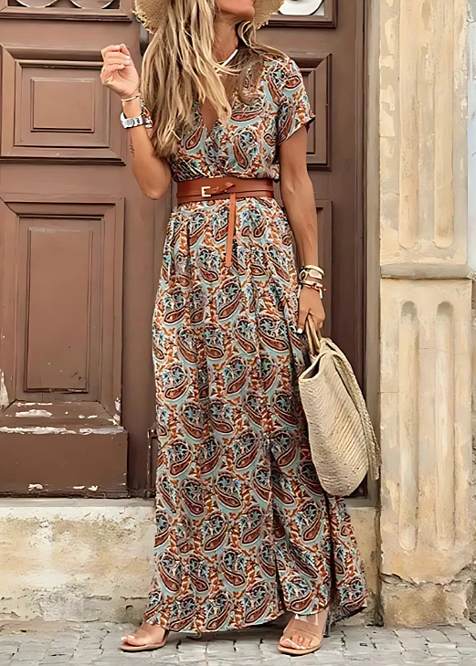 Sophia | Women's Relaxed Print Maxi Dress for the Office Brown