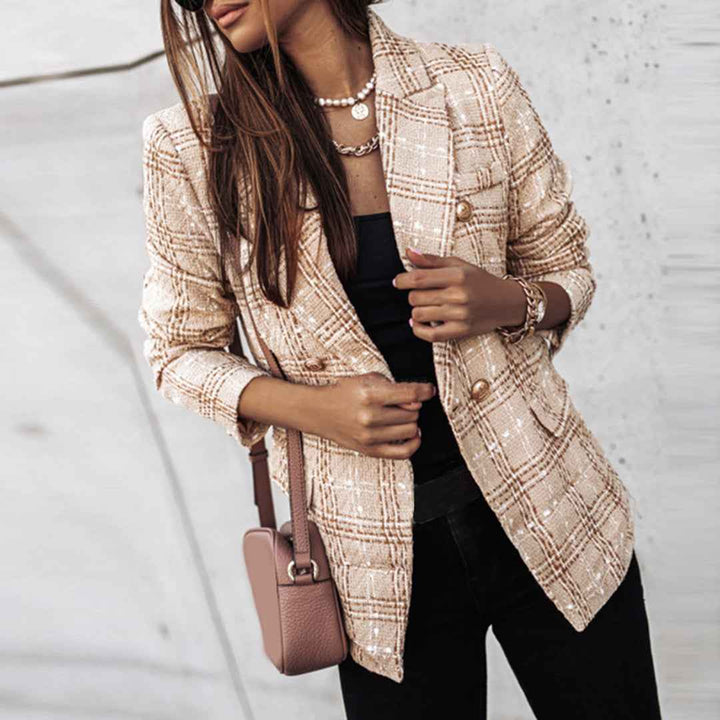 Women's Fitted Tweed Blazer - Check Pattern - Elegant Single Closure Beige