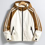 Men's Regular Fit Hooded Jacket with Striped Sleeves - Hip-Length Design Khaki