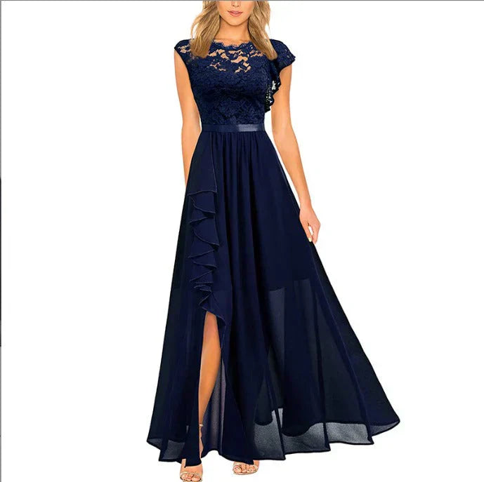 Kiara | Women's A-Line Maxi Dress with Ruffles and Lace Details Dark Blue