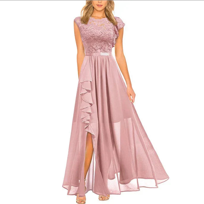 Kiara | Women's A-Line Maxi Dress with Ruffles and Lace Details Pink
