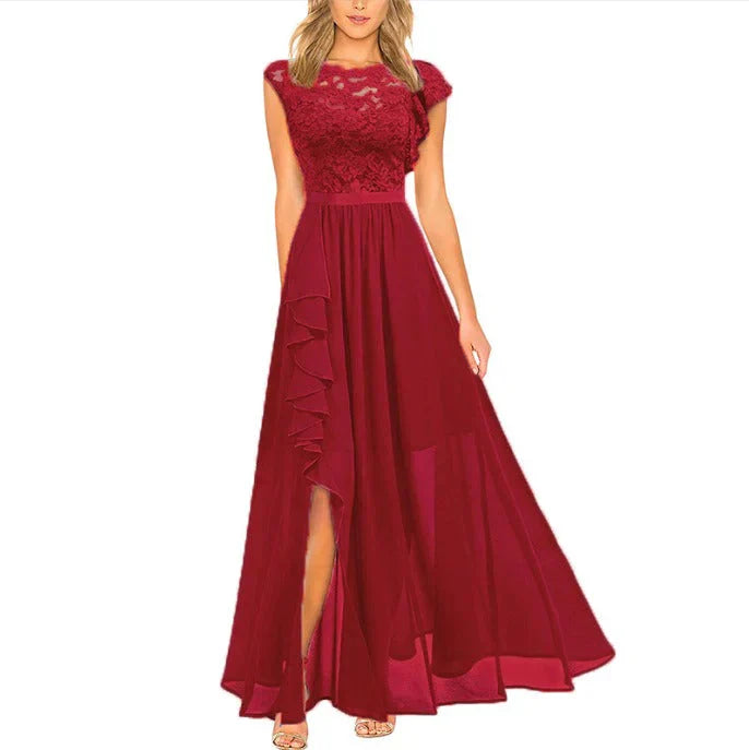 Kiara | Women's A-Line Maxi Dress with Ruffles and Lace Details Red