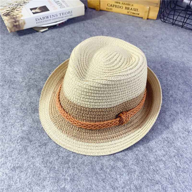 Korean Kids' Sun Hats - Stylish Straw Hats for Girls & Babies, Perfect for Outdoor Fun Color block beige