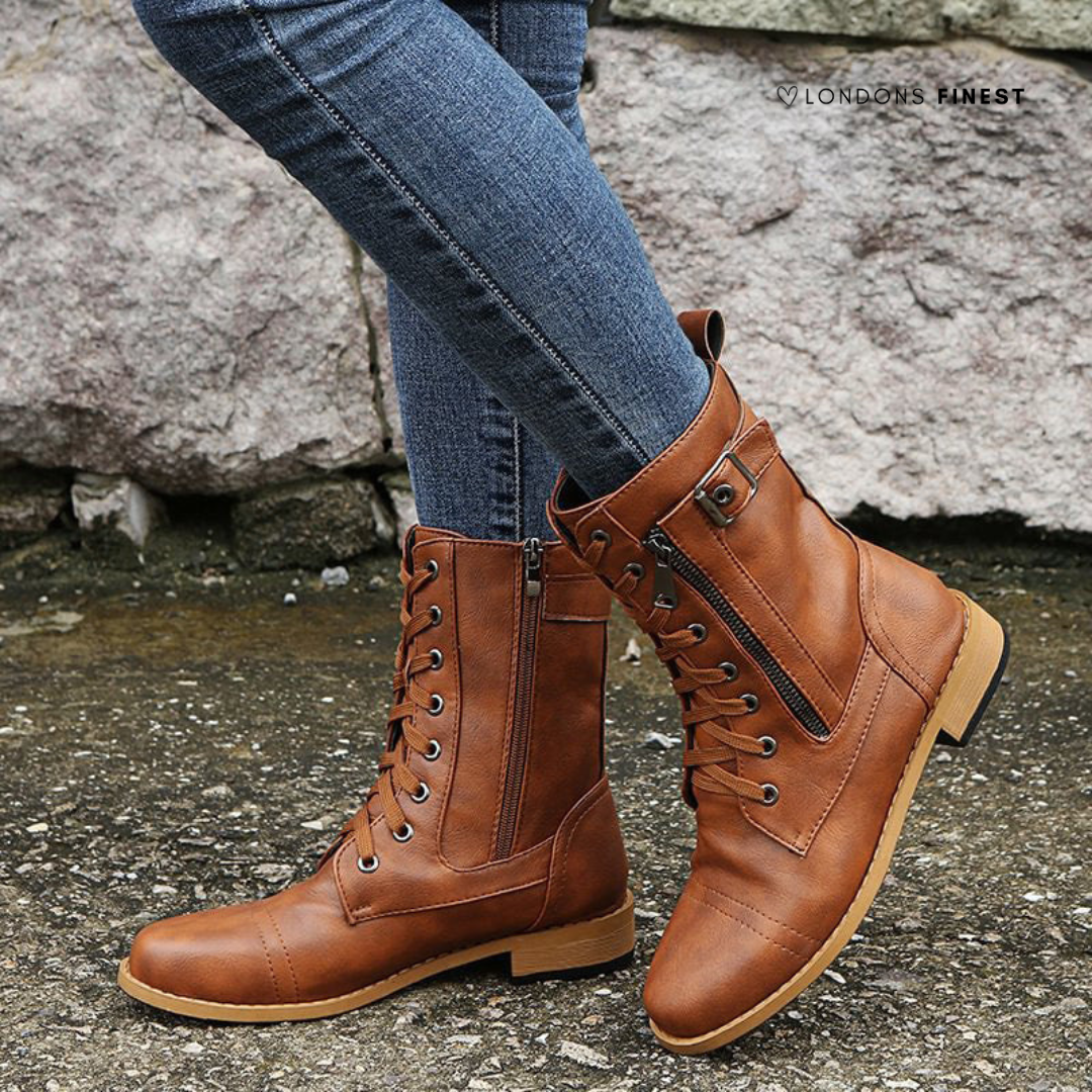 Women's Lace-Up Combat Boots with Zipper Closure Brown