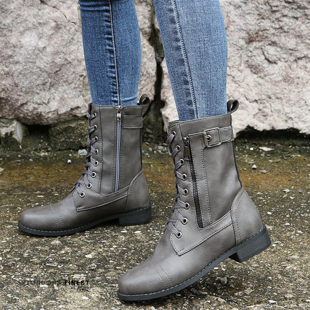 Women's Lace-Up Combat Boots with Zipper Closure Gray