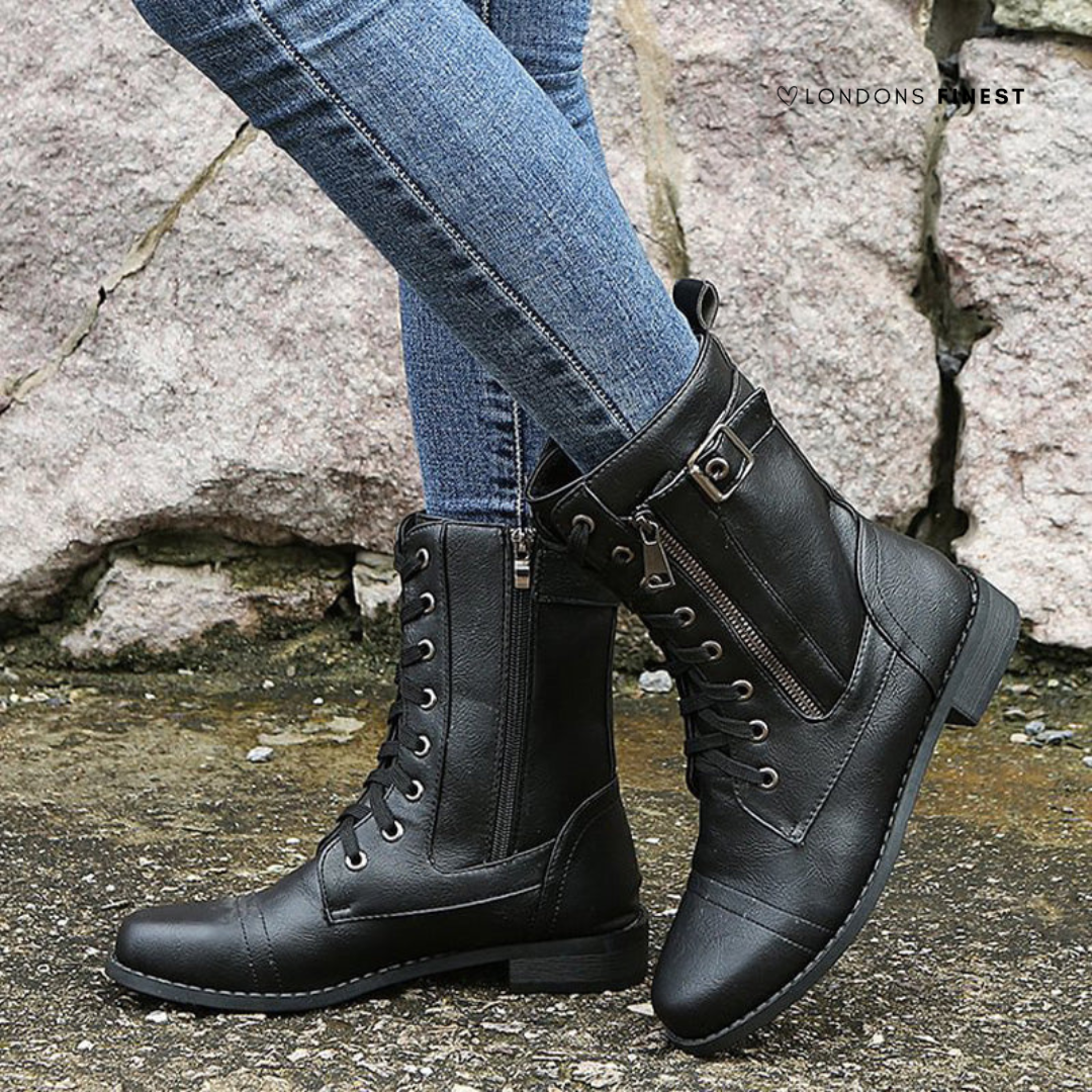 Women's Lace-Up Combat Boots with Zipper Closure Black