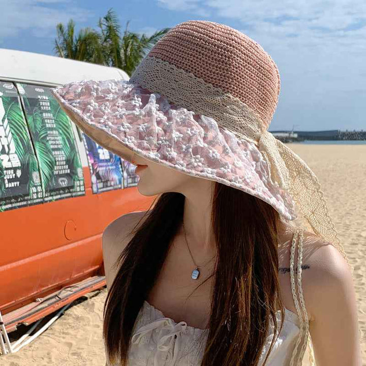Lace Bow Straw Fisherman Hat Summer Outdoor Sunhat With Large Brim Anti-UV Sunshade And Face Protection Hat Pink One Size