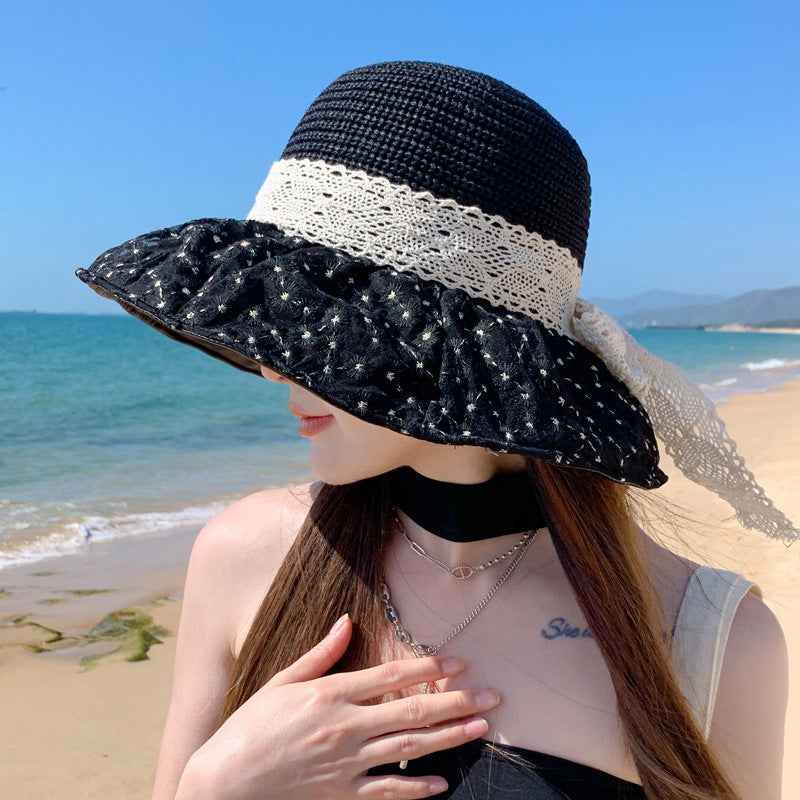 Lace Bow Straw Fisherman Hat Summer Outdoor Sunhat With Large Brim Anti-UV Sunshade And Face Protection Hat Black One Size