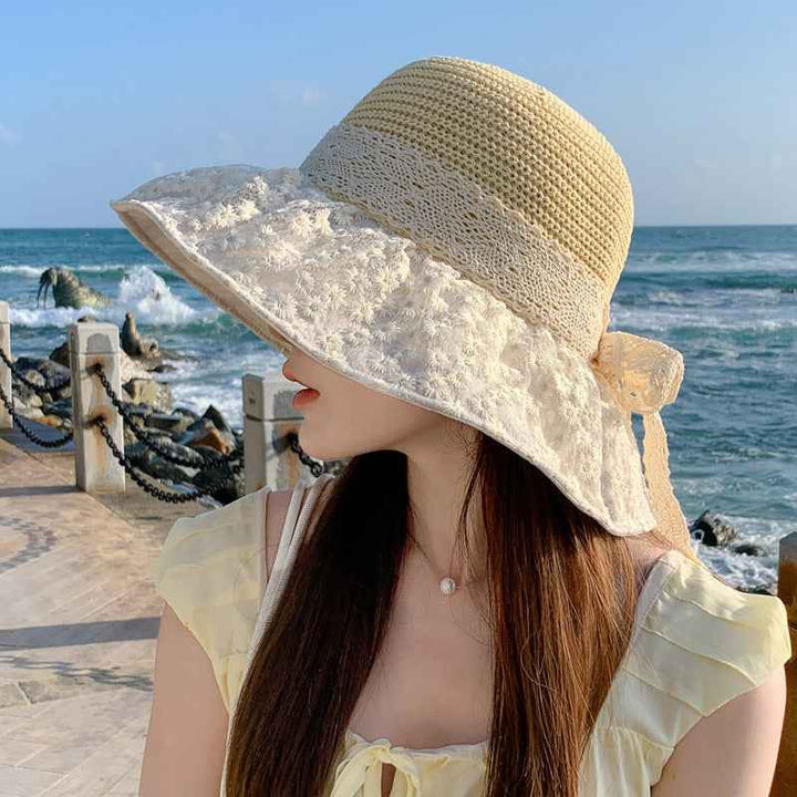 Lace Bow Straw Fisherman Hat Summer Outdoor Sunhat With Large Brim Anti-UV Sunshade And Face Protection Hat Beige One Size