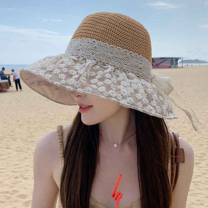 Lace Bow Straw Fisherman Hat Summer Outdoor Sunhat With Large Brim Anti-UV Sunshade And Face Protection Hat Camel One Size