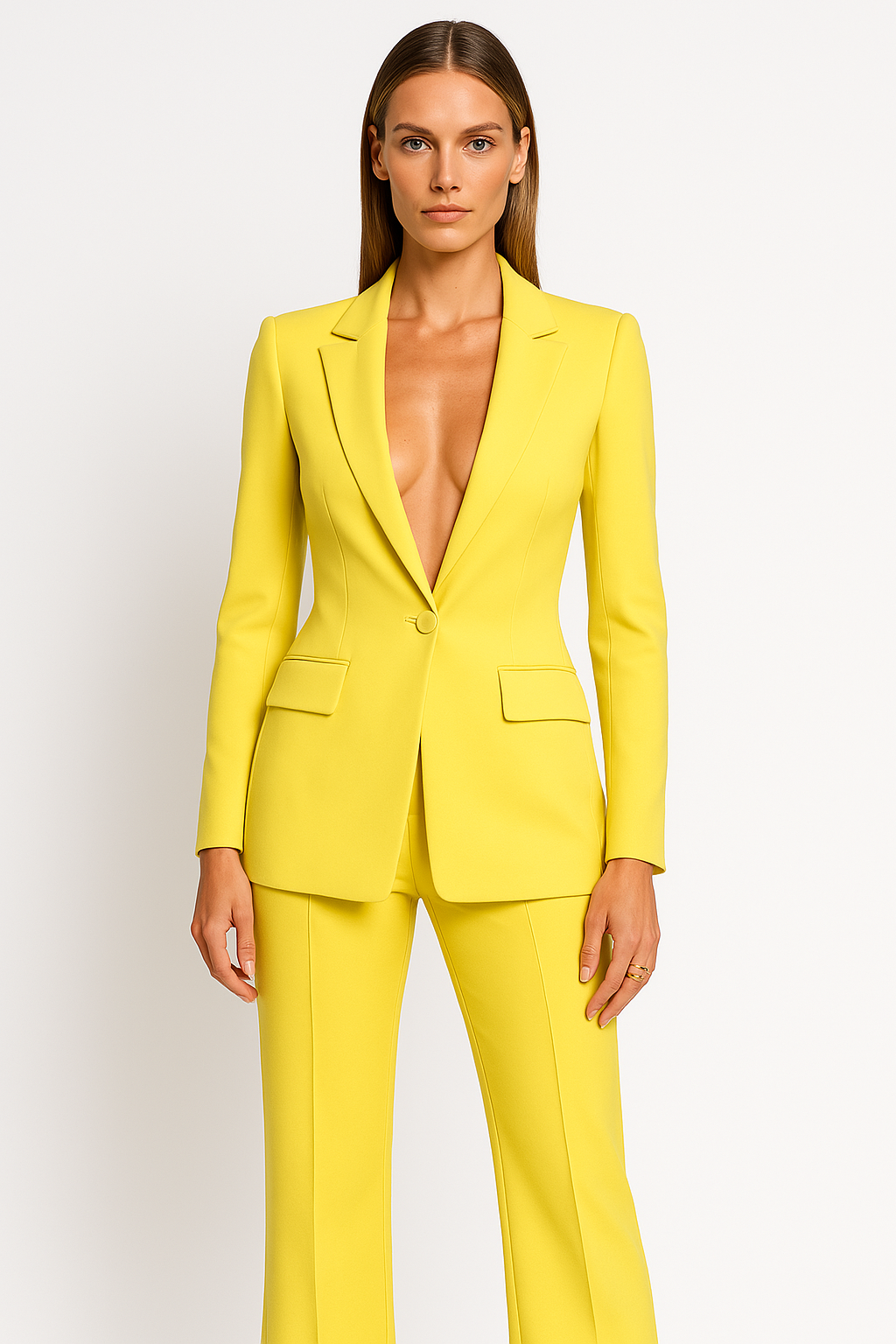 Women's Plunging Trouser Suit Set with Single Button Yellow