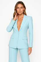 Women's Plunging Trouser Suit Set with Single Button Light Blue
