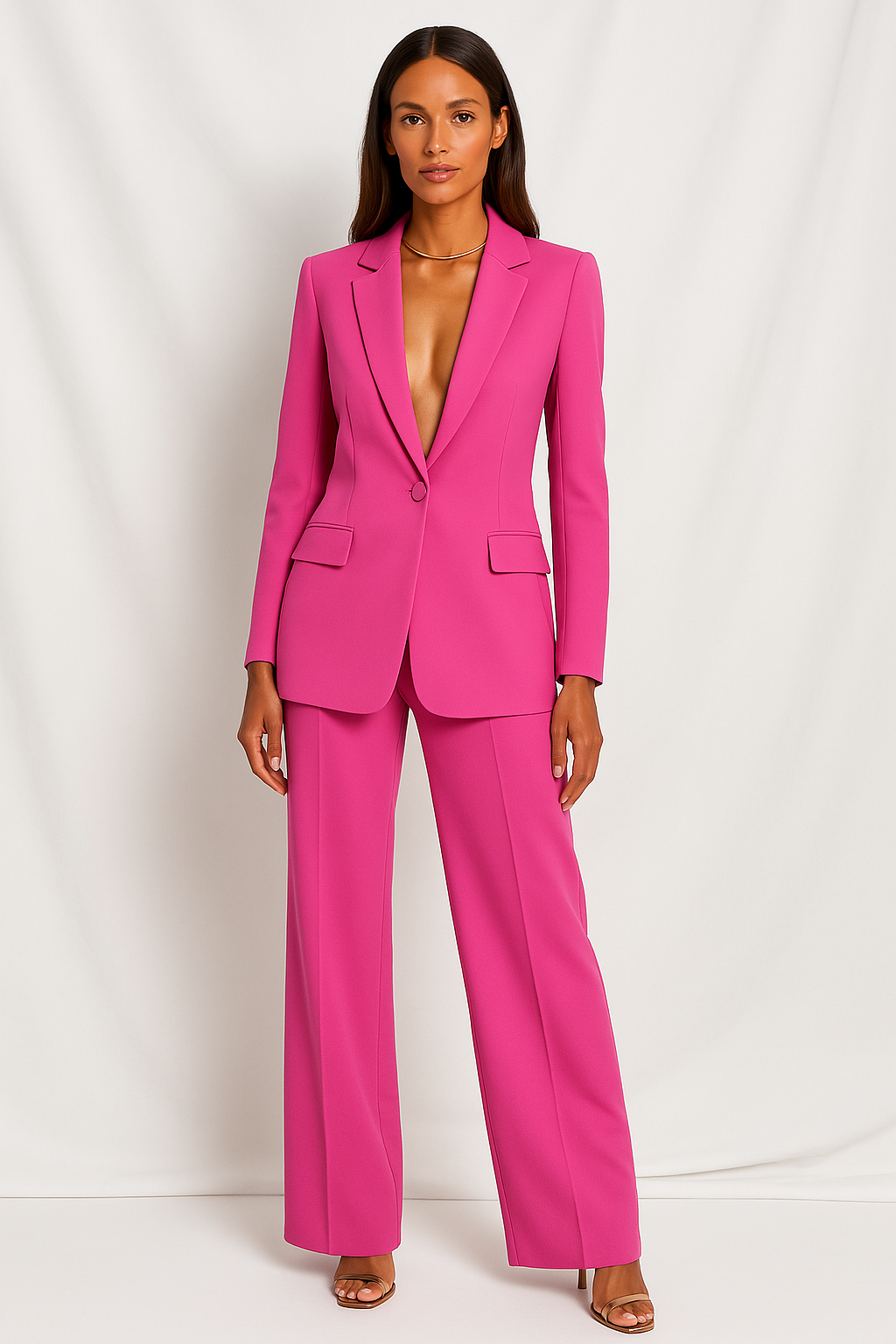 Women's Plunging Trouser Suit Set with Single Button Hot Pink