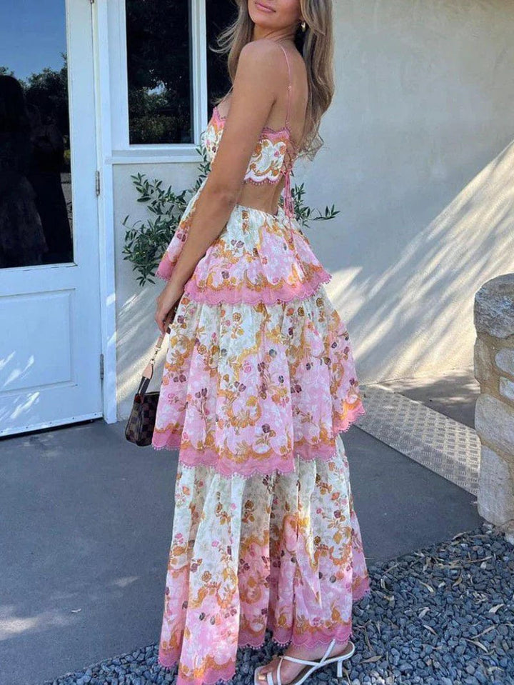 Aislin | Women's Embroidered Ruffle Long Summer Dress Pink