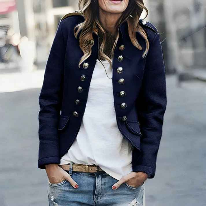 Women's Elegant Double Button Blazer Dark Blue