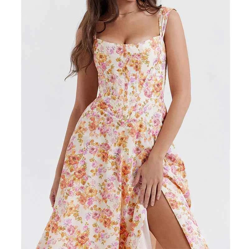 Women's Floral Print Midi Dress – Corset Style – Breathable Fabric – Split Design – Wide Straps Pink