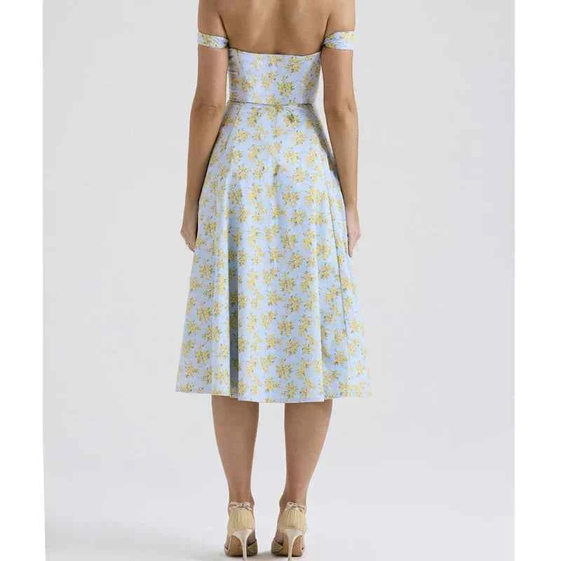 Women's Floral Print Midi Dress – Corset Style – Breathable Fabric – Split Design – Wide Straps
