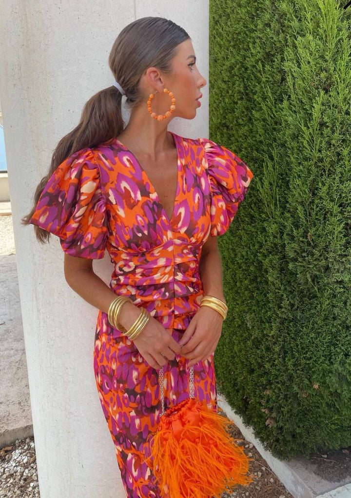 Leeloo | Women's Stylish Summer Dress with V-Neck and Puff Sleeves Orange Purple