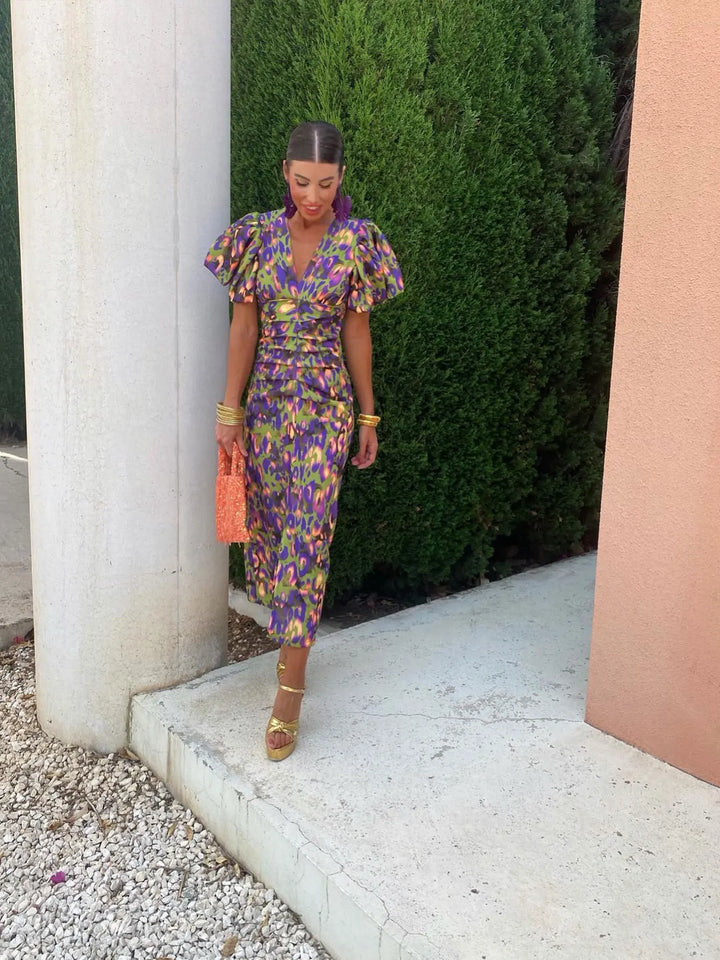 Leeloo | Women's Stylish Summer Dress with V-Neck and Puff Sleeves Green Purple