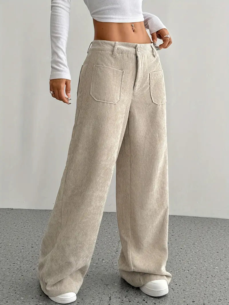 Leni | Women's High Waist Corduroy Trousers - Comfy Wide Leg Fit Khaki