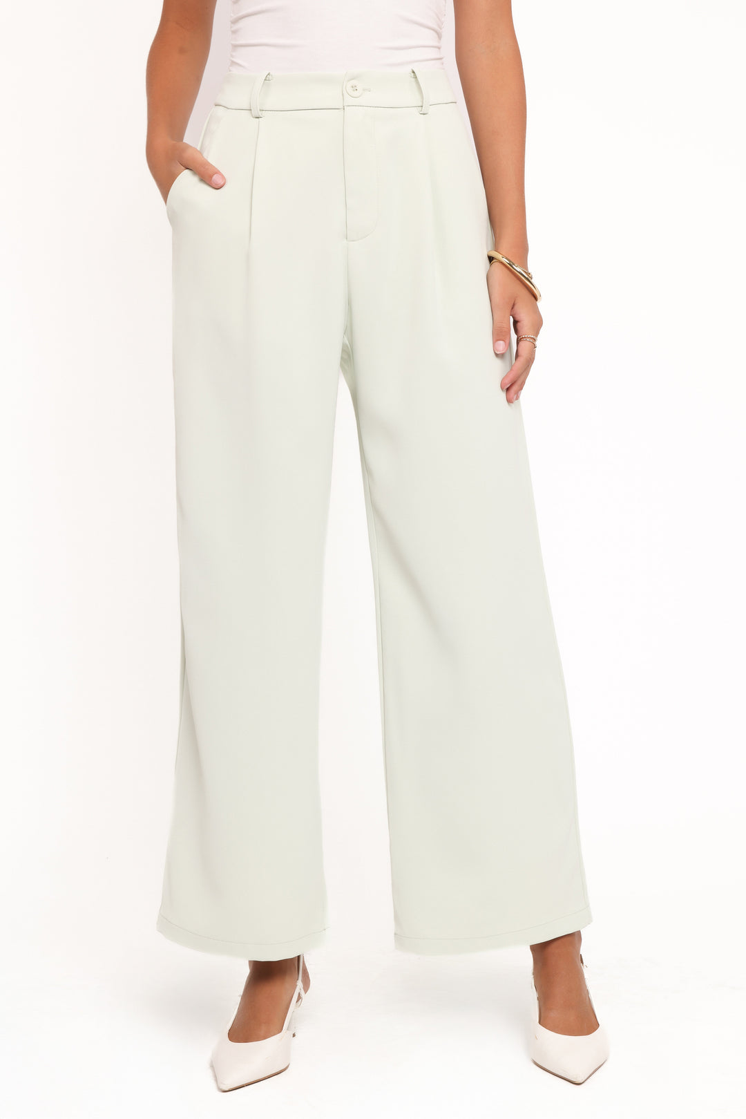 Women's High-Rise Sage Green Wide Leg Trousers with Front Pleat