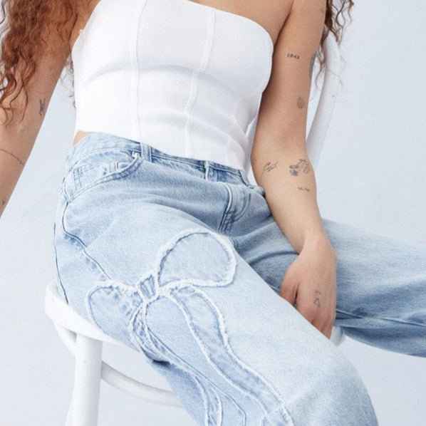 Women's Light Wash Baggy Jeans with Embroidery and Wide Leg Design