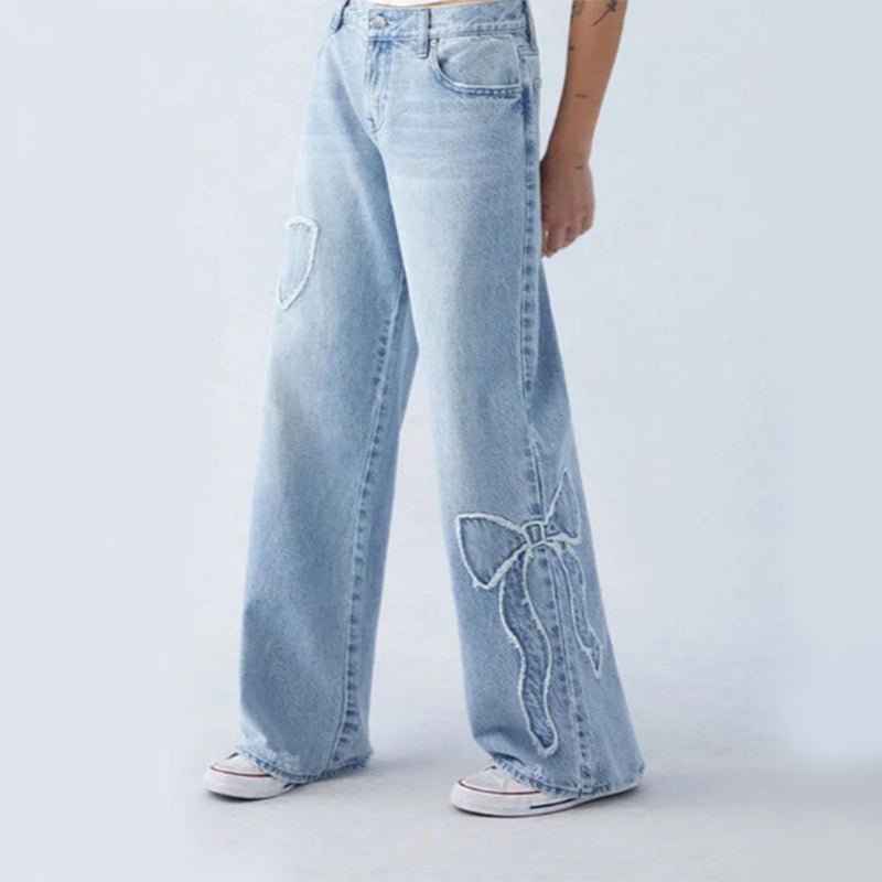 Women's Light Wash Baggy Jeans with Embroidery and Wide Leg Design