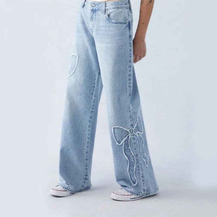 Women's Light Wash Baggy Jeans with Embroidery and Wide Leg Design