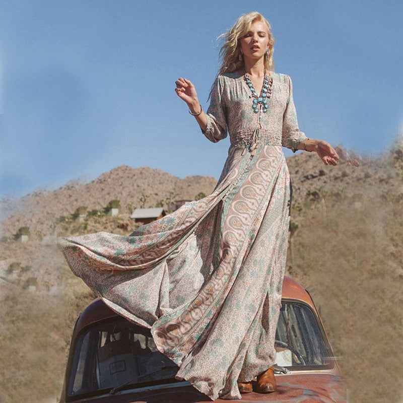 Women's Boho Maxi Dress – Loose-Fit, 3/4 Sleeve, V-Neck – Breathable Style