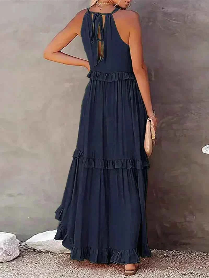 Women's Halterneck Maxi Dress with Ruffles – Loose Fit & Breathable Fabric