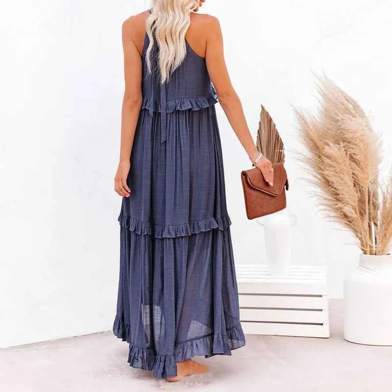 Women's Halterneck Maxi Dress with Ruffles – Loose Fit & Breathable Fabric