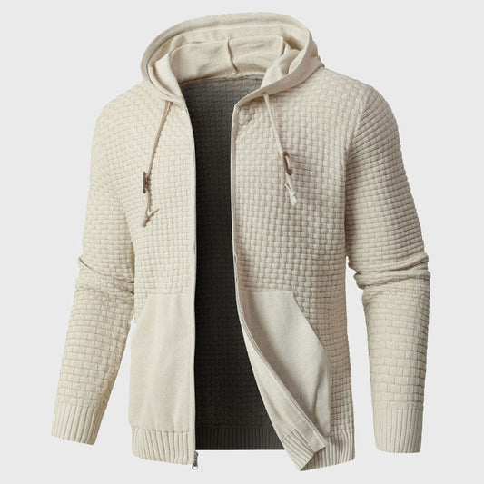 Men's Cotton Zip-up Drawstring Ribbed Textured Knit Geometric Hoodie Gray