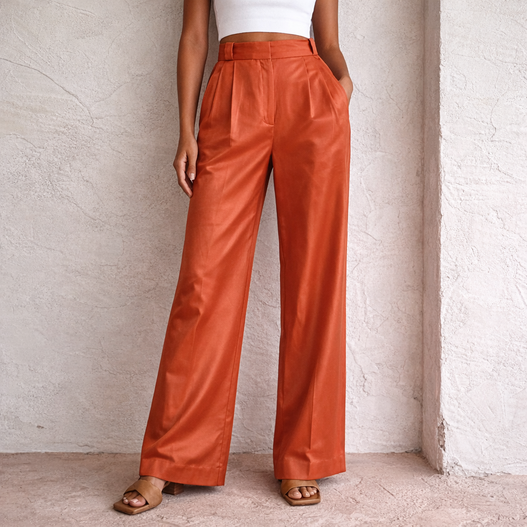 Linen Cotton Wide Leg Women's Trousers – High Waist Summer Style Orange