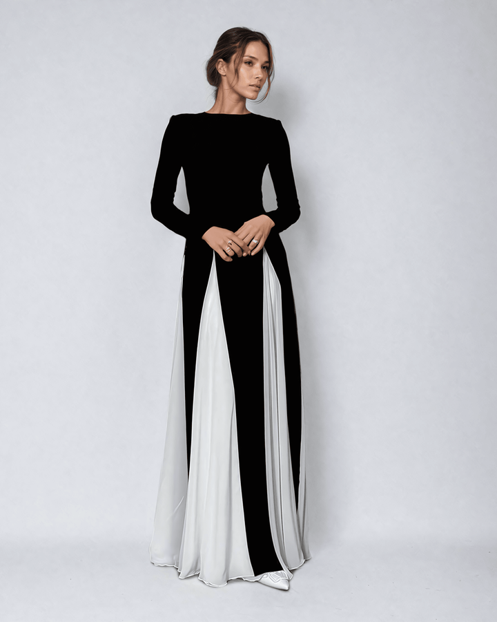 Chandra | Women's Elegant Black-and-White Maxi Dress - Flowing Fit