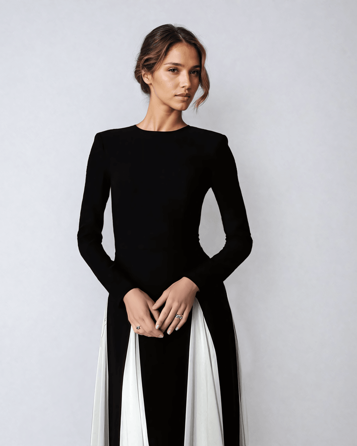 Chandra | Women's Elegant Black-and-White Maxi Dress - Flowing Fit